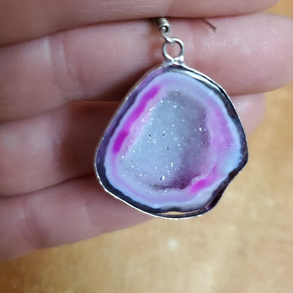 New Geode Half Cut Druzy Crystals Silver Earrings. - Picture 7 of 8